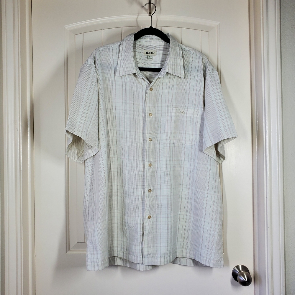Hagger short sleeve button shirt Men size XL in ivory/tan plaid